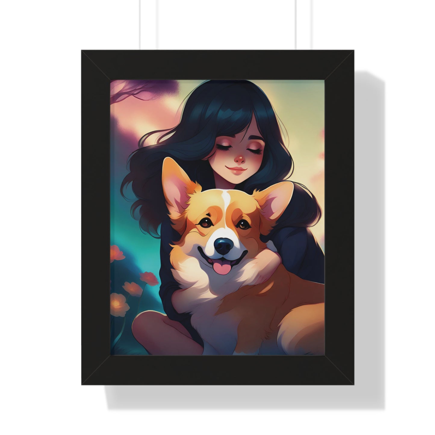 Framed Vertical Poster, Anime girl hugging her Corgi
