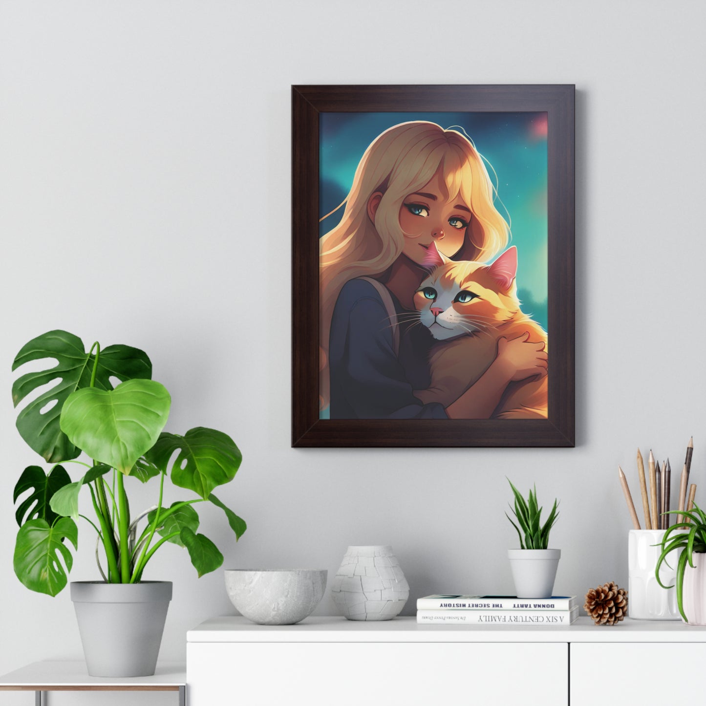 Poster, Framed, Anime Girl with her Cat theme
