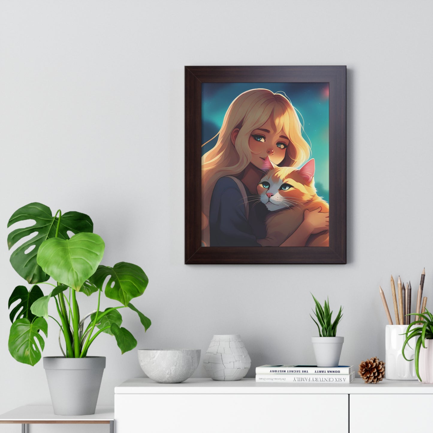 Poster, Framed, Anime Girl with her Cat theme