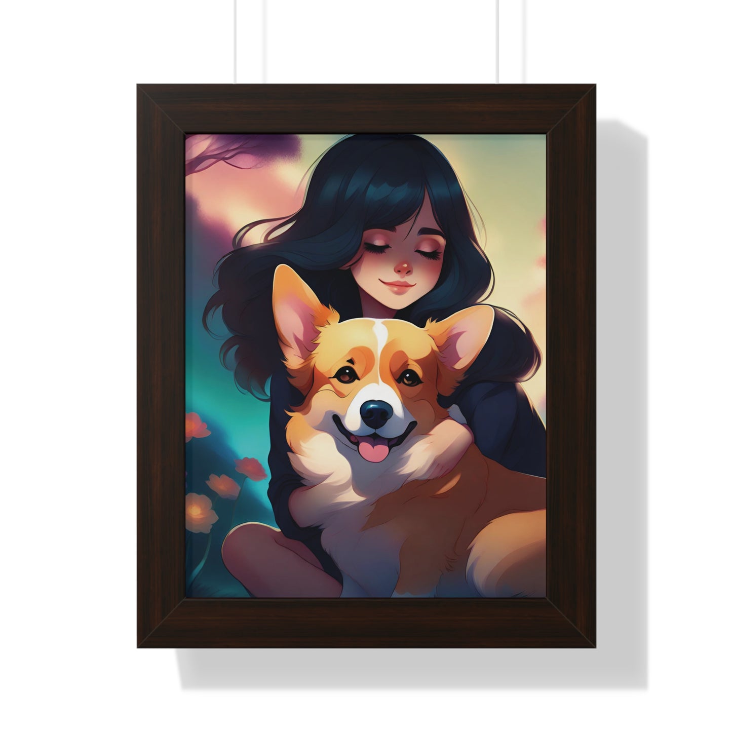 Framed Vertical Poster, Anime girl hugging her Corgi