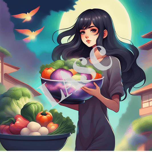 Digital Art Anime, Anime girl carrying a bowl of vegetables