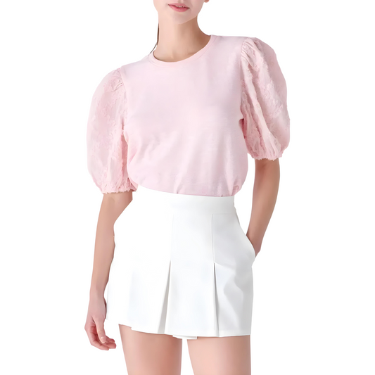 English Factory Mixed Media Puff Sleeve Top, blouse