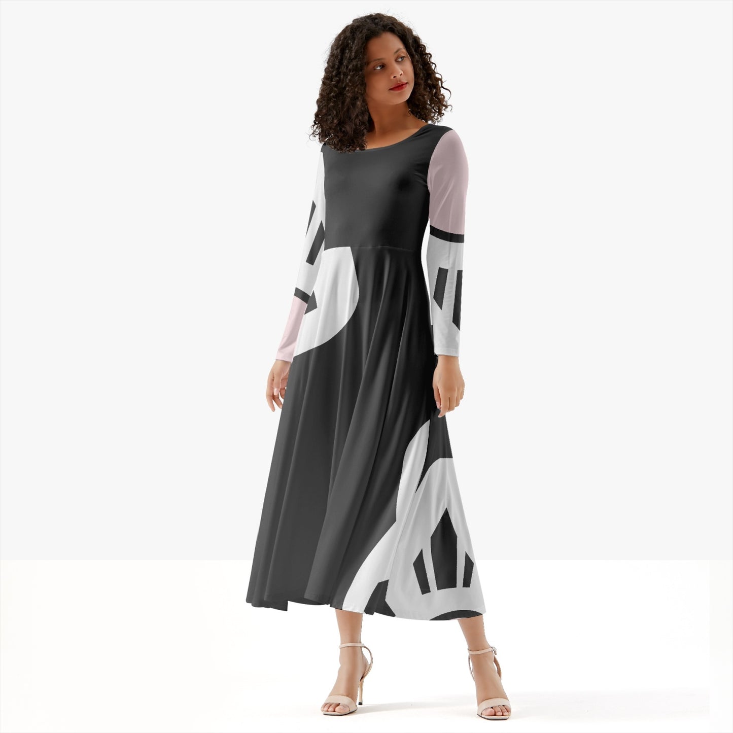 Long-Sleeve One-piece Dress, Black, White, Pink, Gifts for her
