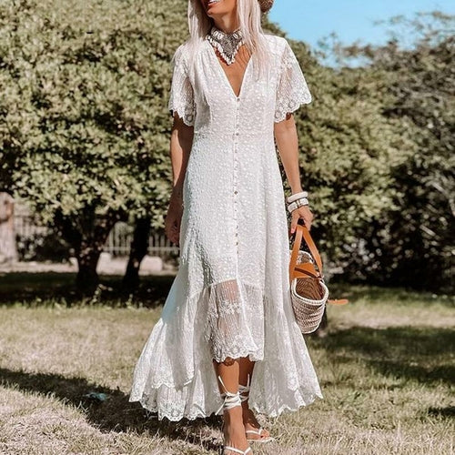 Elegant Long Lace Dress, White, Gifts for her