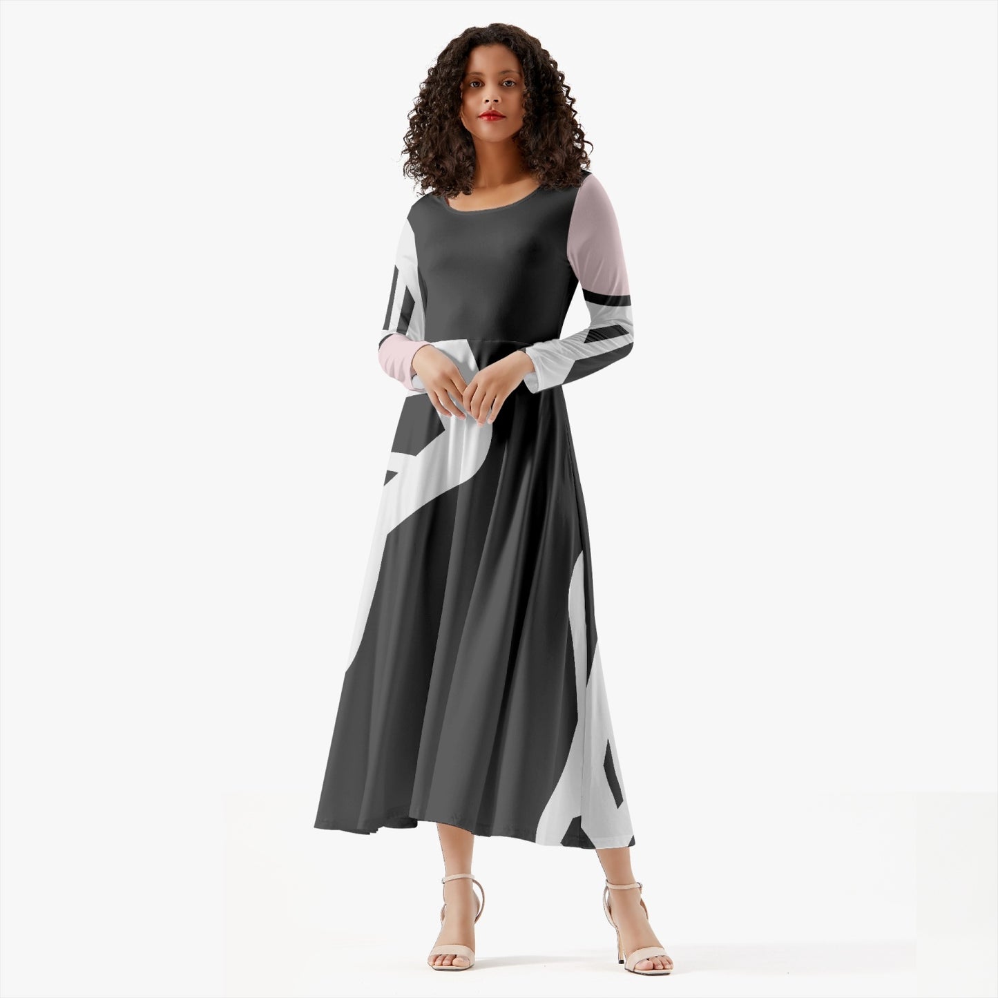 Long-Sleeve One-piece Dress, Black, White, Pink, Gifts for her